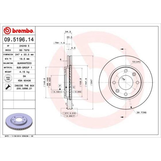 BREMBO ÖN FREN AYNASI P106 I-II 91-02 206 98 >306 93-01 SAXO 96-03 XSARA 97-00 247.5X20.4X4DLXHAVALI (4246.94)