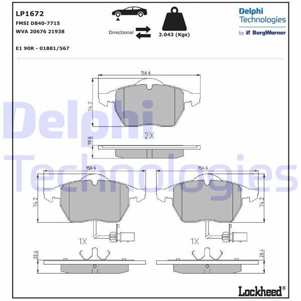 DELPHI ÖN BALATA FİŞLİ BÜYÜK TİP PASSAT-A4-A6 97-04 GDB1307 (4B0698151AB)