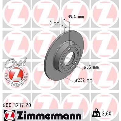 ZIMMERMANN ARKA FREN AYNASI CORDOBA 96/10.02 IBIZA III 96/2.02 AROSA 00/6.04 POLO 96/01 232X8.8X4DL 986478492-986479C67-DF4062 (6N0615601A)