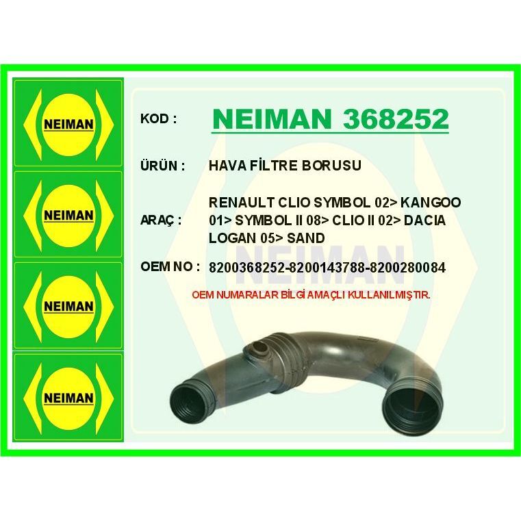 BESCHER HAVA FİLTRE BORUSU RENAULT CLIO SYMBOL 02> KANGOO 01> SYMBOL II 08> CLIO II 02> DACIA LOGAN 05> SAND (8200143788)