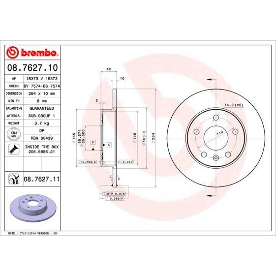 BREMBO ARKA FREN AYNASI ASTRA H-COMBO C 02> MERIVA A-B 03> ASTRA G 1.8-2.0 98> ZAFIRA A 264X10X5DL (569109)