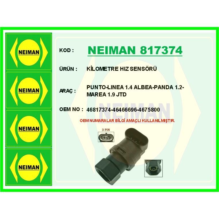 BESCHER KİLOMETRE HIZ SENSÖRÜ PUNTO-LINEA 1.4 ALBEA-PANDA 1.2-MAREA 1.9 JTD (46466696)