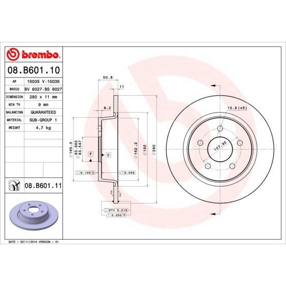 BREMBO FREN DİSKİ ARKA FORD FOCUS-KUGA-CONNECT 11> ÇAP:280MM MERKEZLEME CAPI 63.5 MM YUKSEKLIK 50.8 MM 5 DELIK DIS CAP 279.8 (AV612A315AA)