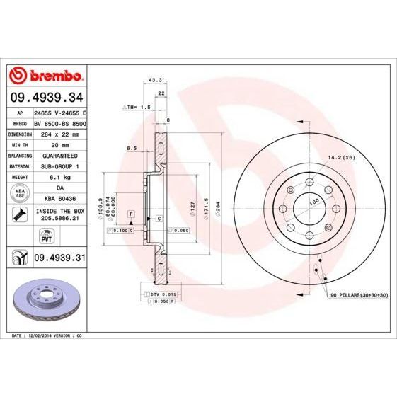 BREMBO ÖN FREN AYNASI CORSA D 07> CORSA E 14> ADAM 13> PUNTO EVO-GRANDE PUNTO 05> 284X22X6DLXHAVALI 15 İNÇ 55702646 (5569025)