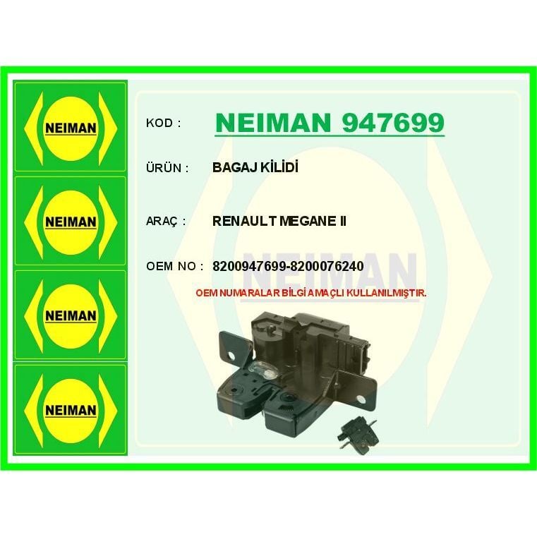 BESCHER BAGAJ KİLİDİ RENAULT MEGANE II (8200076240)