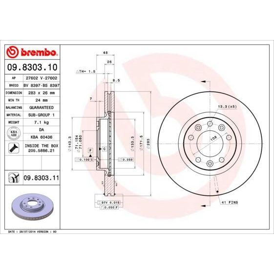 BREMBO ÖN FREN AYNASI 407 1.6HDI 1.8-2.016V-2.0HDI 04 > 607 2.0 00 > 508 10 > 283X26X5DLXHAVALI (4246.P7)