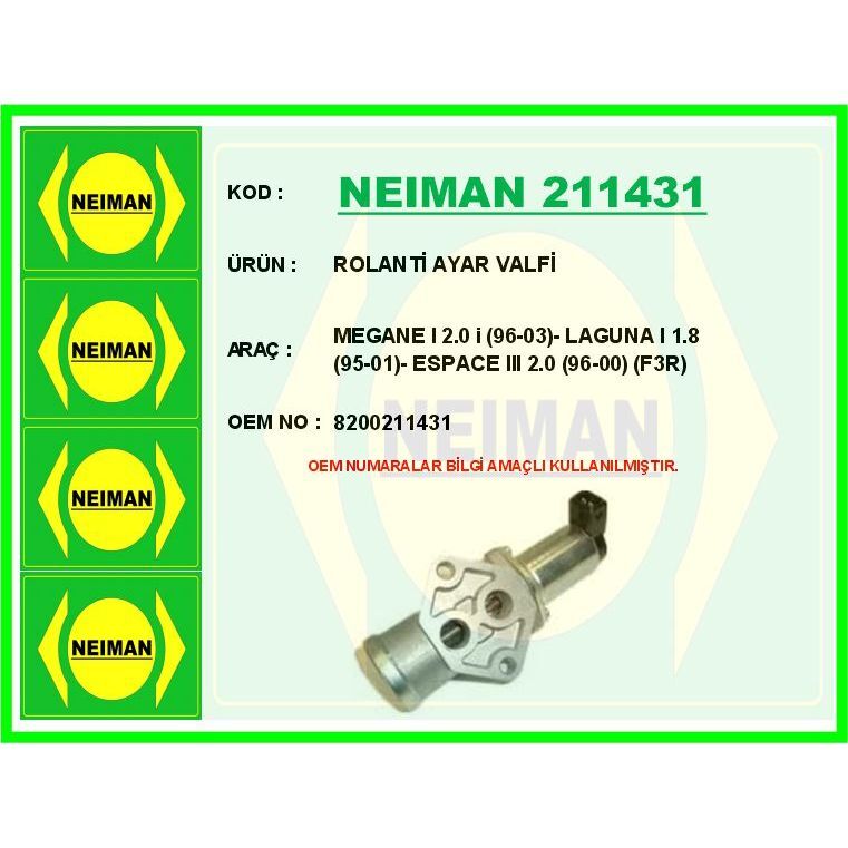 BESCHER ROLANTİ AYAR VALFİ MEGANE I 2.0 I 96-03 - LAGUNA I 1.8 95-01 - ESPACE III 2.0 96-00 F3R (8200211431)