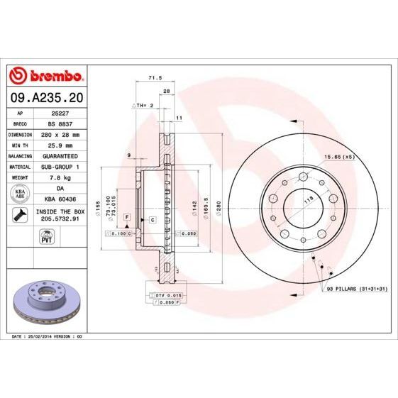 BREMBO ÖN FREN DİSKİ BOXER III JUMPER III DUCATO III 06> 15 JANT KUCUK 280X28X5DL HAVALI (1612435180)