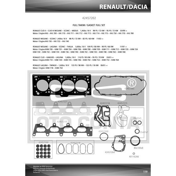 OTOCONTA MOTOR TAKIM CONTASI MGN-CLIO-LGN-LOGAN 1.4-1.6 16V K4J-K4M KEÇELİ SUBAP LASTİKLİ (7700112739)