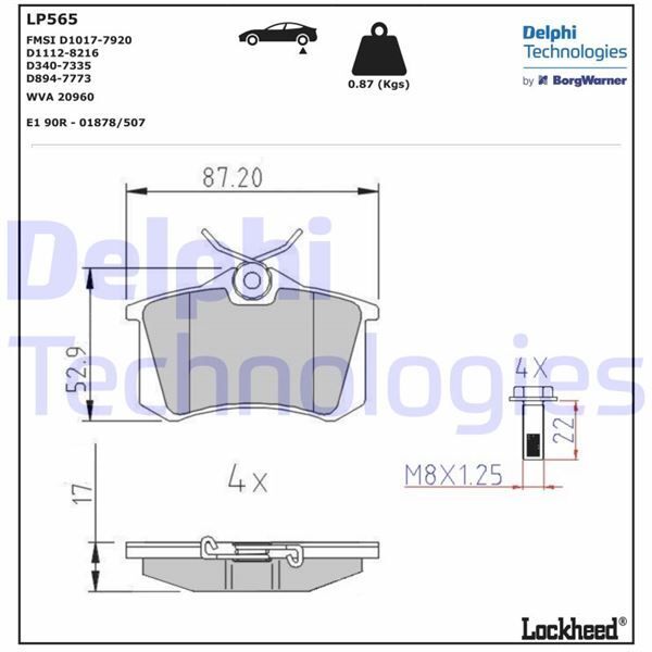 DELPHI ARKA BALATA FLUENCE-MEGANE II-III-P207-P308-P307-PARTNER-BERLINGO-C2-C3-C4-CROSSLAND- BORA-PASSAT 97 GOLF IV-V-POLO 87X52.9X17 (1623180580)