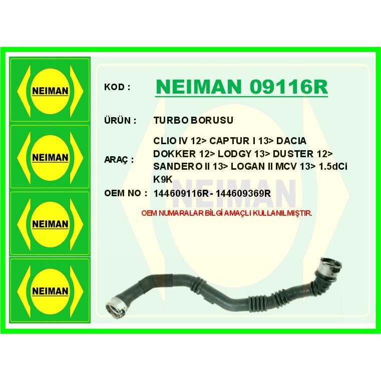 BESCHER TURBO BORUSU RENAULT CLIO IV 12> CAPTUR I 13> DACIA DOKKER 12> LODGY 13> DUSTER 12> SANDERO II 13> L OGAN II MCV 13> 1.5DCI K9K (144604599R)