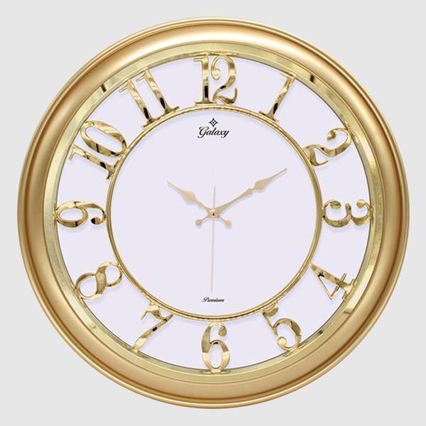 SAAT DUVAR SAATİ ALTIN SARISI ÇERÇEVELİ İÇİ BEYAZ 45CM KABARTMA RAKAMLI SELEFON KORUMALI AMERİKAN BRİSTOL KADRAN METALİK AKREP/YELKOVAN/SANİYE AKAR SANİYELİ MEKANİZMA AKRİLİK BOYA ABS HAMMADDE MİNERAL CAM (1965)