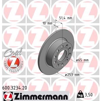 ZIMMERMANN ARKA FREN AYNASI GOLF V-VI-OCTAVIA 04 TOLEDO III ALTEA 04 LEON 04 CADDY III A3 03 255X10X9DL 986479099-DF4276 (1K0615601AB)