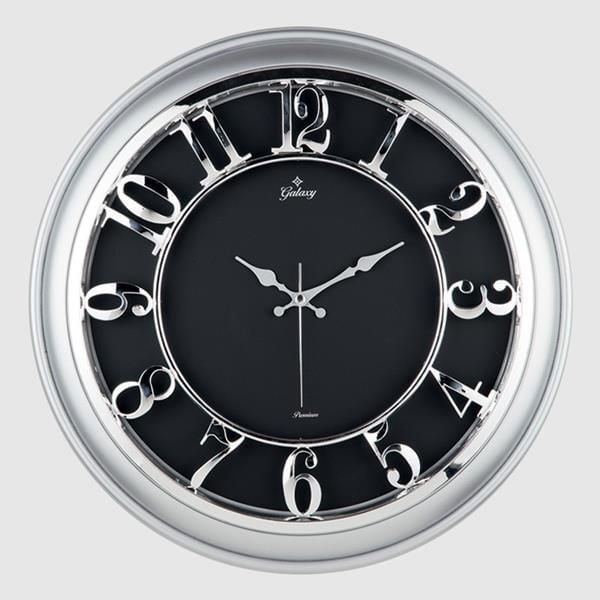 SAAT DUVAR SAATİ GÜMÜŞ GRİ ÇERÇEVELİ İÇİ SİYAH 45CM KABARTMA RAKAMLI SELEFON KORUMALI AMERİKAN BRİSTOL KADRAN METALİK AKREP/YELKOVAN/SANİYE AKAR SANİYELİ MEKANİZMA AKRİLİK BOYA ABS HAMMADDE MİNERAL CAM (1965)