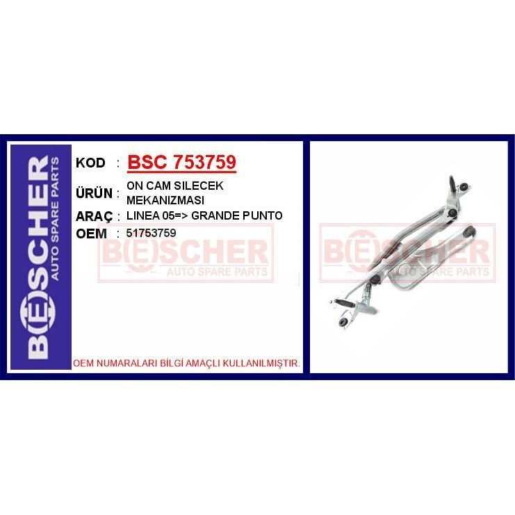 BESCHER ÖN CAM SİLECEK MEKANİZMASI MOTORSUZ FIAT LINEA 09> GRANDE PUNTO 05> PUNTO EVO 09> (51753759)
