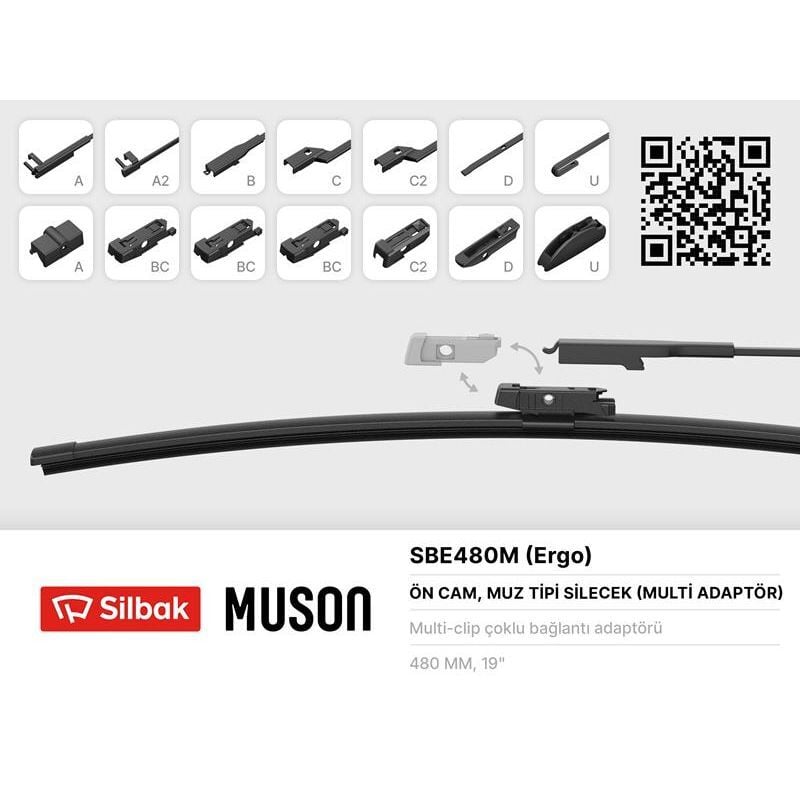 SILBAK SİLECEK SÜPÜRGESİ MUZ TİPİ 480MM A. BC.C2.D VE U TİPİ KOLLAR ICIN MULTİ ADAPTORLÜ