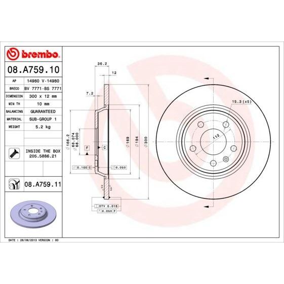 BREMBO ARKA FREN AYNASI A4-A5 1.8-2.0 07 > A6 1.8-2.0 11 > A7 2.0-2.8 11 > Q5 2.0 09 > 986479382-DF4848 (08A75910)