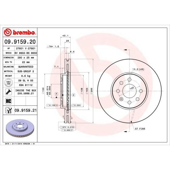 BREMBO ÖN FREN AYNASI ASTRA H 1.4-1.6 04>MERIVA 1.6 03>COMBO 1.3 CDTİ 4.05> 280X25X4DLXHAVALI 569067-95526653-95526654-93197712 (569006)