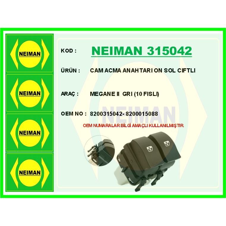 BESCHER CAM ACMA ANAHTARI ON SOL CIFTLI MEGANE II GRI 10 FISLI (8200015088)