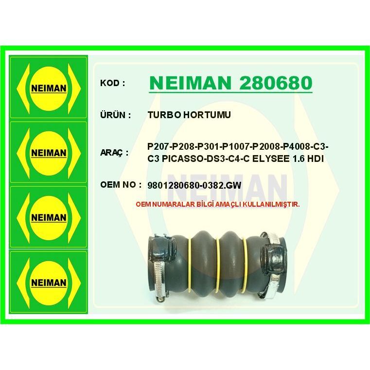 BESCHER TURBO HORTUMU P207-P208-P301-P1007-P2008-P4008-C3-C3 PICASSO-DS3-C4-C ELYSEE 1.6 HDI (0382.GW)