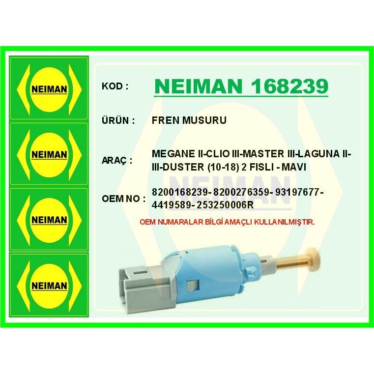 BESCHER FREN MÜŞÜRÜ RENAULT MEGANE II 02>08 CLIO III 05>12 MASTER III 10> LAGUNA II 01>07 LAGUNA III 07>14 D USTER 10>18 MERCEDES CİTAN W415 MAVİ 2 FİŞLİ (8200168239)