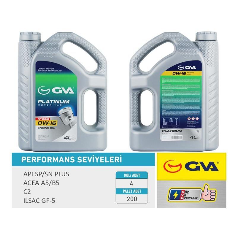 GVA MOTOR YAĞI 4 LT 0W16 TAM SENTETİK API SP / SN-PLUS ILSAC GF-6B HIBRIT ARAÇLAR İÇİN