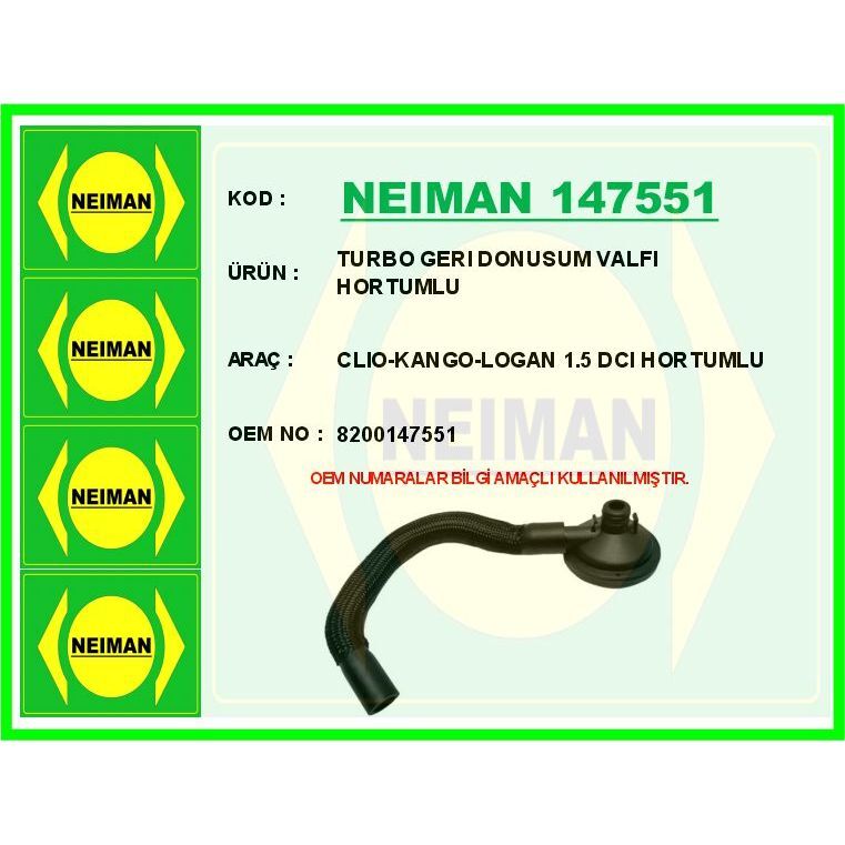 BESCHER TURBO GERI DONUSUM VALFI HORTUMLU CLIO-KANGO-LOGAN 1.5 DCI HORTUMLU (8200147551)