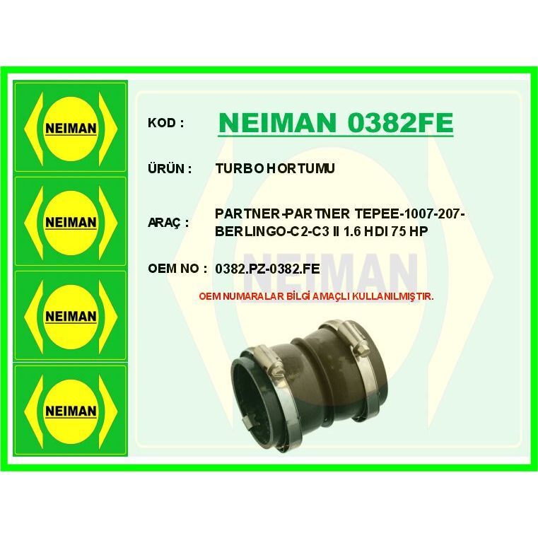 BESCHER TURBO HORTUMU PARTNER-PARTNER TEPEE-1007-207-CITROEN BERLINGO-C2-C3 II 1.6 HDI 75 HP (0382.FE)