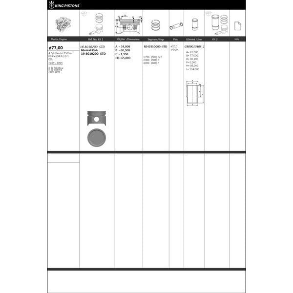 KING PISTON MOTOR PİSTON SEGMAN FAIRWAY-OPTIMA-R19 1.6 77.00 ÇAP STD (7702086981)
