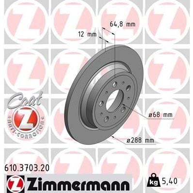 ZIMMERMANN ARKA FREN AYNASI VOLVO S60 01-10 S70 01-05 S80 98-06 XC70 00-07 288X12X5DL DELYKLY 986478495-DF4066 (9434167)