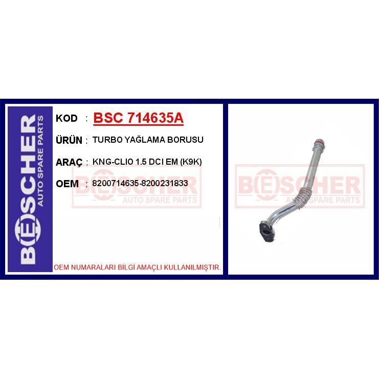 BESCHER TURBO YAĞLAMA BORUSU KNG-CLIO 1.5 DCI EM K9K ALÜMİNYUM BORU (8200231833)