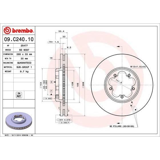 BREMBO ON FREN DISKI AYNASI TRANSIT CUSTOM V362-V363 12> ARKA TEK TEKER CAP 288 33 (2110010)