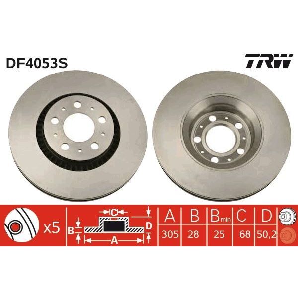 TRW ÖN FREN AYNASI VOLVO S60 00-10 S80 98-06 V70 97-07 XC70 00-07 305X25X5DLX BÜYÜK TİP DELİKLİ -986478494-DF4053S (274170)