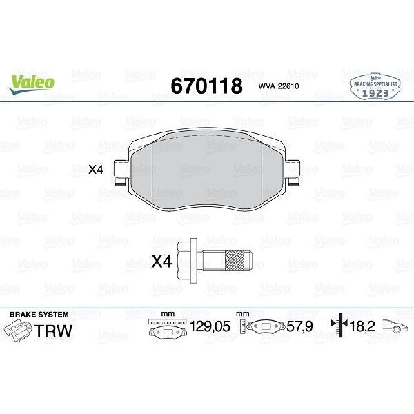 VALEO ÖN FREN BALATASI RENAULT MEGANE IV 15 TÜM MOTOR TİPLERİ G:129MM Y:58.4 MM K:18MM FTE KIRMIZI KUTU (410603407R)
