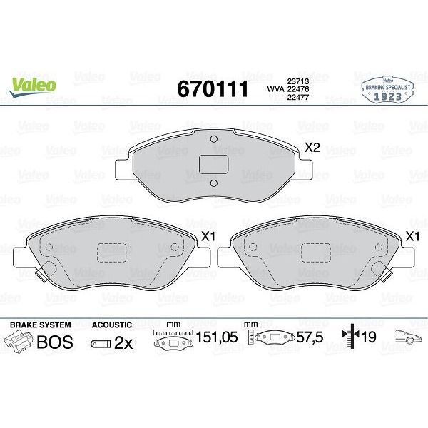 VALEO ON BALATA FIAT EGEA 15> 1.4 1.5 T4 HIBRIT 1.6 D K:19 MM G:151.1 MM BÜYÜK TİP (77367923)